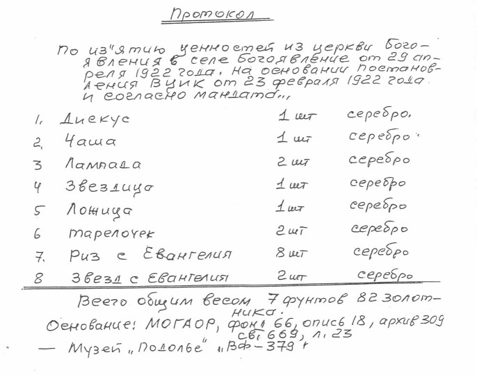 1922 год. Протокол по изъятию ценностей из церкви Богоявления (копия из архива МОГАОР)